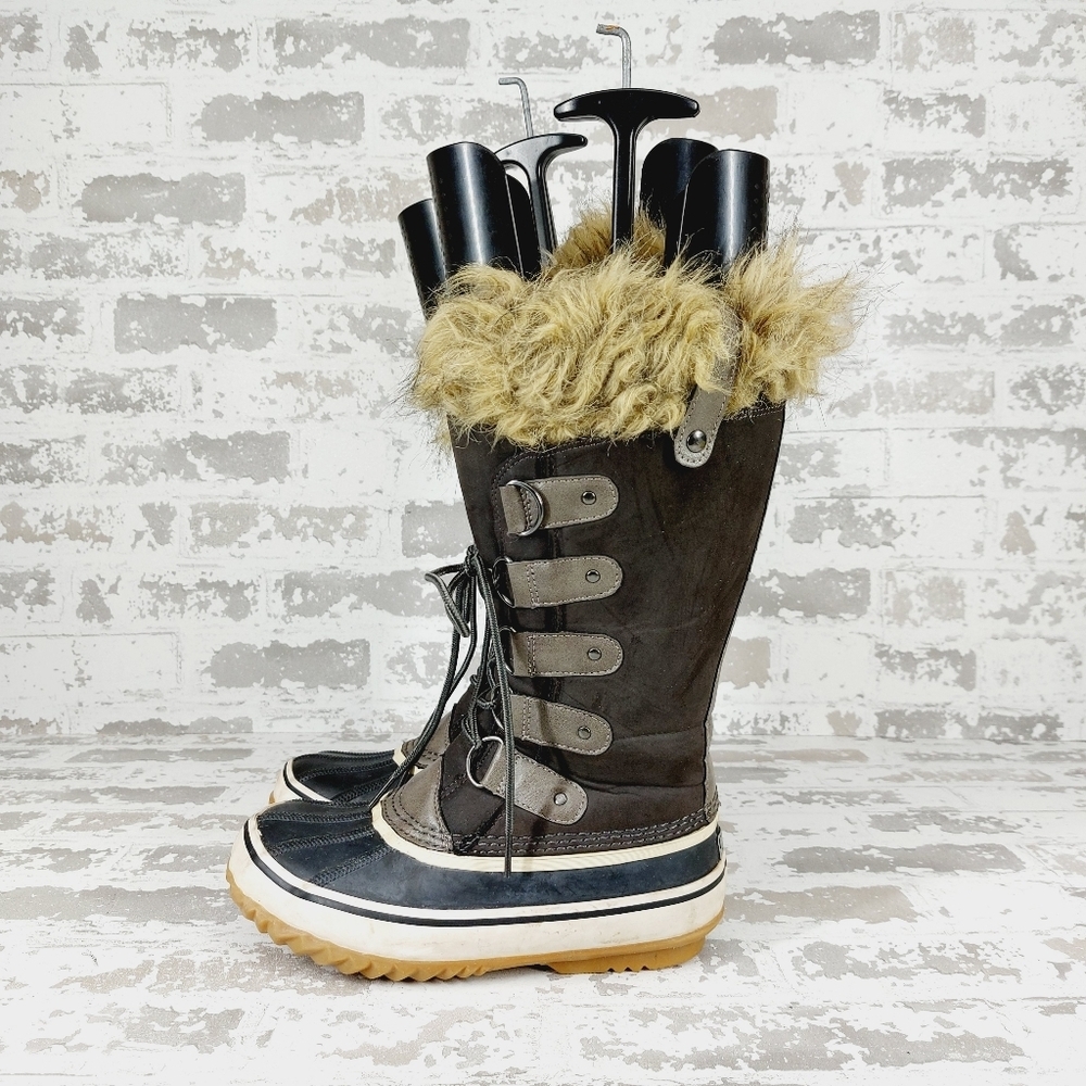 JBU Edith Gray Black Vegan Leather Faux Fur Lace Up Snow Winter Boots T544